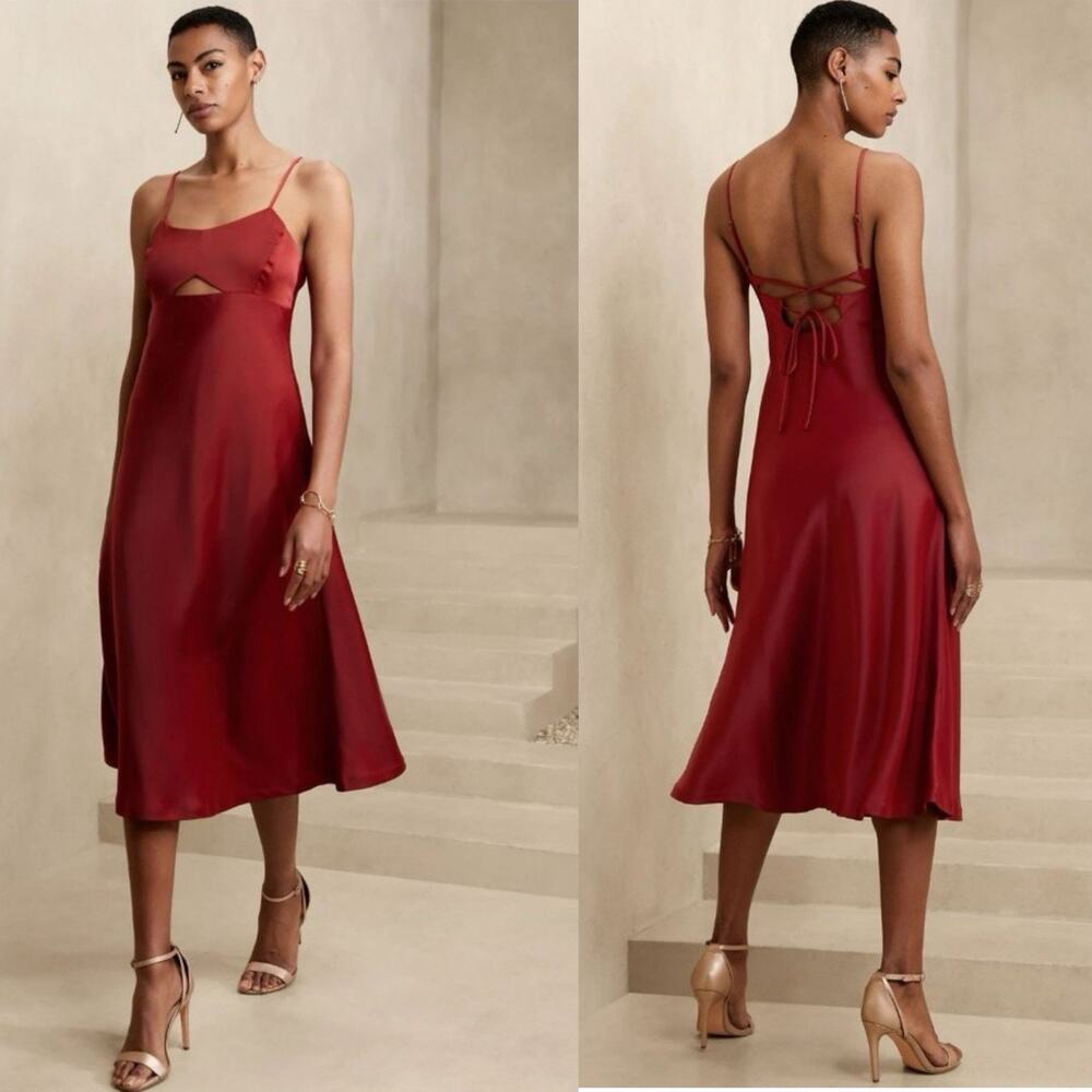 Banana Republic Satin Slip Dress Size 4 Rust Red Cutout Front Bridesmaids